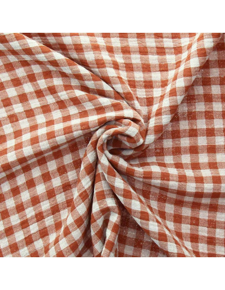 Gekreppter Doppelgaze-Stoff Vichy - Cognac und gebrochenes Weiß