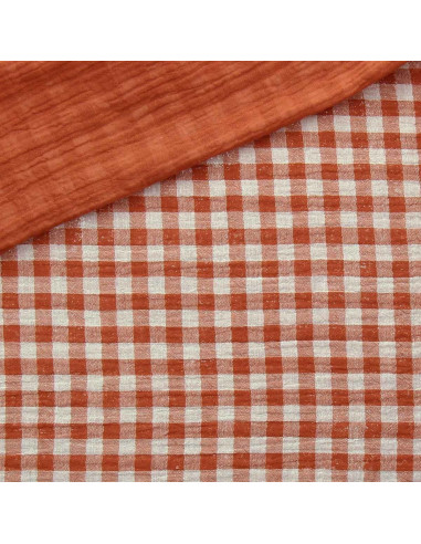 Gekreppter Doppelgaze-Stoff Vichy - Cognac und gebrochenes Weiß