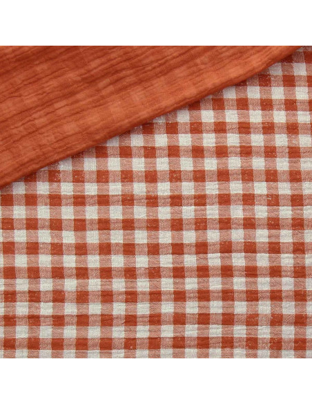 Gekreppter Doppelgaze-Stoff Vichy - Cognac und gebrochenes Weiß