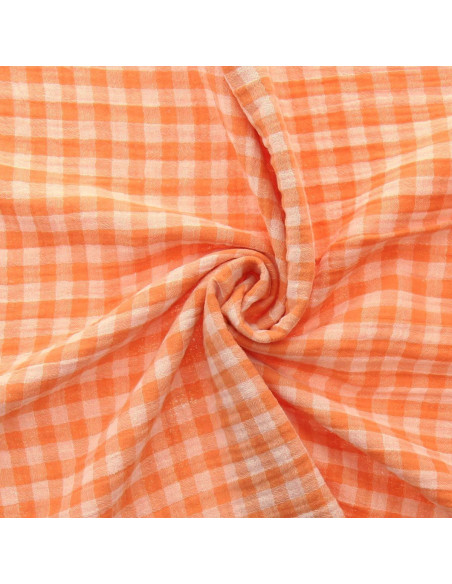 Gekreppter Doppelgaze-Stoff Vichy - Clementine und gebrochenes Weiß
