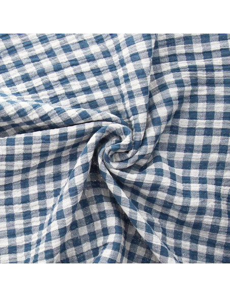 Gekreppter Doppelgaze-Stoff Vichy - Blaustein und gebrochenes Weiß