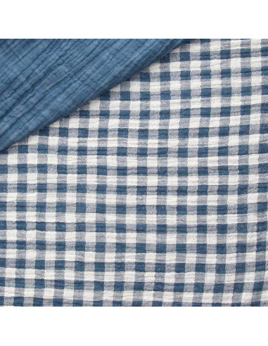 Gekreppter Doppelgaze-Stoff Vichy - Blaustein und gebrochenes Weiß
