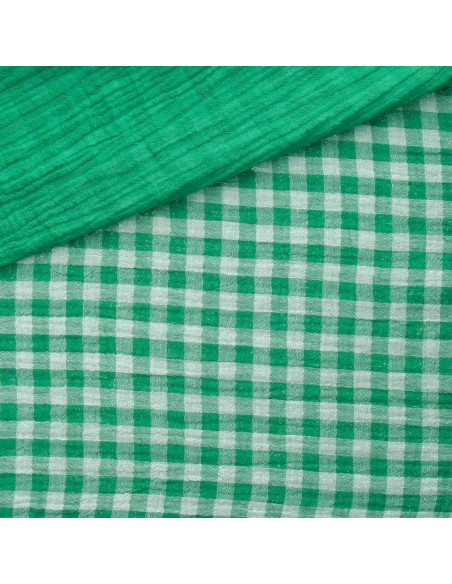 Gekreppter Doppelgaze-Stoff Vichy - Klee und gebrochenes Weiß