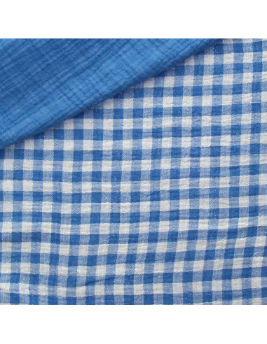 Gekreppter Doppelgaze-Stoff Vichy - Azurblau und gebrochenes Weiß