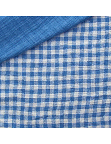 Gekreppter Doppelgaze-Stoff Vichy - Azurblau und gebrochenes Weiß