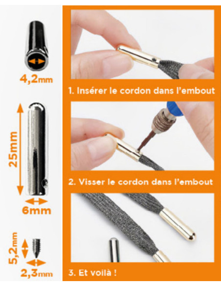 Set mit 10 Metallendkappen für Schnüre mit Schraube - Silber