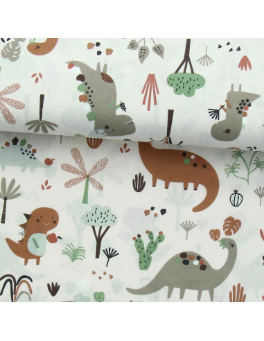 Baumwoll-Popeline-Stoff - Brauner Dinosaurier
