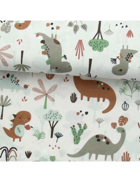 Baumwoll-Popeline-Stoff - Brauner Dinosaurier