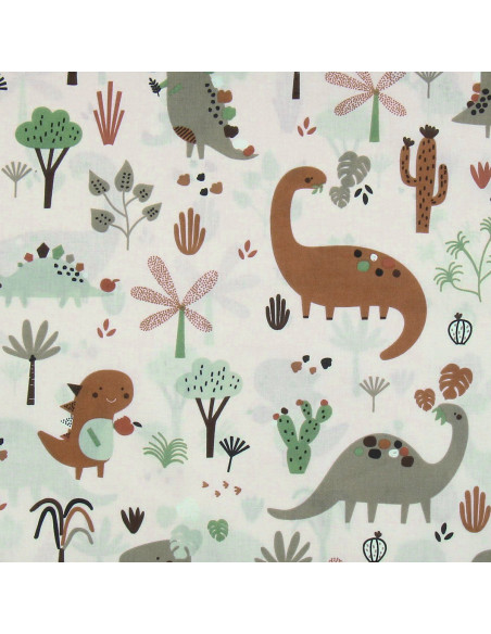 Baumwoll-Popeline-Stoff - Brauner Dinosaurier