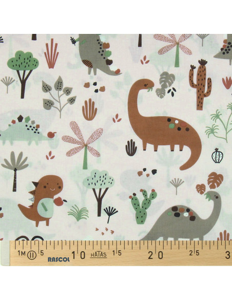 Baumwoll-Popeline-Stoff - Brauner Dinosaurier