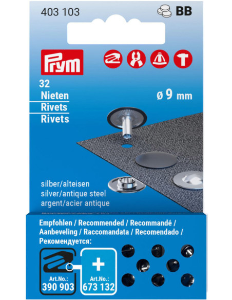 Nachfüllpackung mit 32 Nieten 9 mm - Silber und antikes Stahl