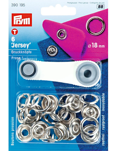 Schachtel mit 6 Jersey-Druckknöpfen in Silber mit Werkzeug 18 mm