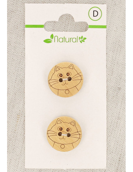 Karte mit 2 Knöpfen aus natürlichem Holz 18 mm 2 Löcher - Katze