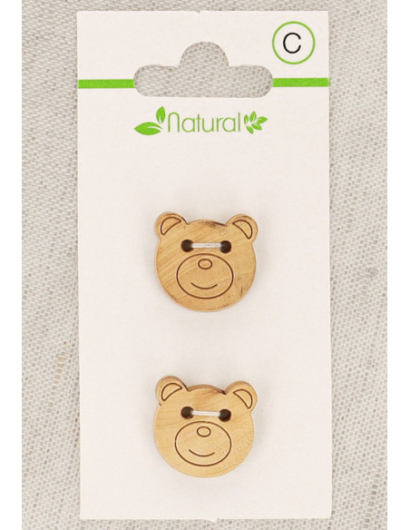 Karte mit 2 Knöpfen aus natürlichem Holz 18 mm 2 Löcher - Bärenkopf