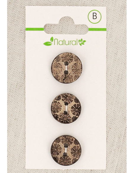 Karte mit 3 Knöpfen aus natürlichem Holz 15 mm 2 Löcher - Fantasie