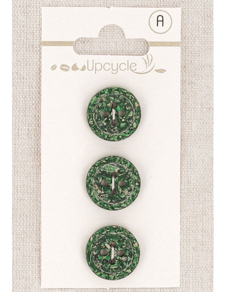 Karte mit 3 grünen Knöpfen, 15 mm, 4 Löcher - Gerollte Reiskörner