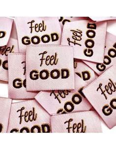 Satz von 5 gewebten Etiketten zum Annähen Feel Good Lurex Rosa
