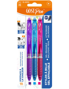 Set mit 3 thermosensitiven löschbaren Kugelschreibern - Violett, Türkis, Fuchsia