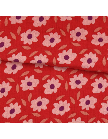 Bedruckter Double-Gauze-Stoff - Floli Rot und Violett