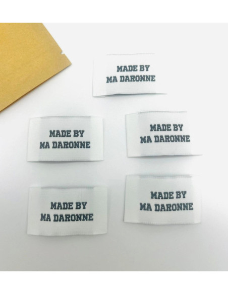 Satz von 5 gewebten Aufnähern zum Aufnähen Made By Ma Daronne - Weiß und Schwarz