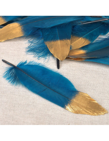 Set mit 10 Federn in Goldoptik - Blau