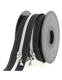 5-Meter-Rolle Nylonreißverschluss 5 mm mit runden Zippern - Schwarz und Silber