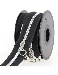 5-Meter-Rolle Nylonreißverschluss 5 mm mit Herz-Zippern - Schwarz und Silber