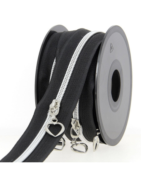 5-Meter-Rolle Nylonreißverschluss 5 mm mit Herz-Zippern - Schwarz und Silber