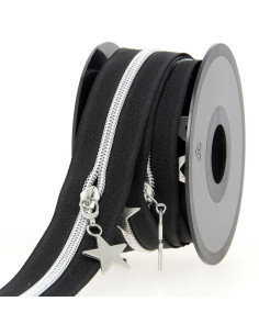 5-Meter-Rolle Nylonreißverschluss 5 mm mit Sternziehern - Schwarz und Silber
