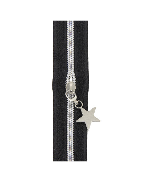 5-Meter-Rolle Nylonreißverschluss 5 mm mit Sternziehern - Schwarz und Silber