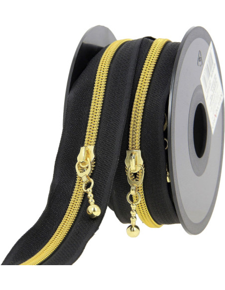 5-Meter-Rolle Nylonreißverschluss 5 mm mit runden Zippern - Schwarz und Gold