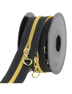5-Meter-Rolle Nylon-Reißverschluss 5 mm mit Herz-Zippern - Schwarz und Gold
