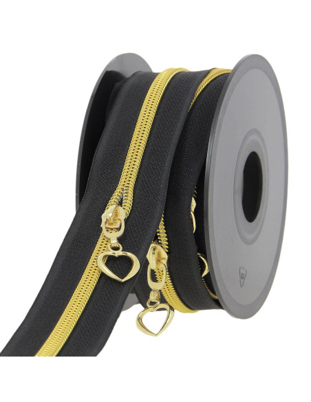 5-Meter-Rolle Nylon-Reißverschluss 5 mm mit Herz-Zippern - Schwarz und Gold