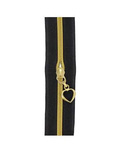 5-Meter-Rolle Nylon-Reißverschluss 5 mm mit Herz-Zippern - Schwarz und Gold