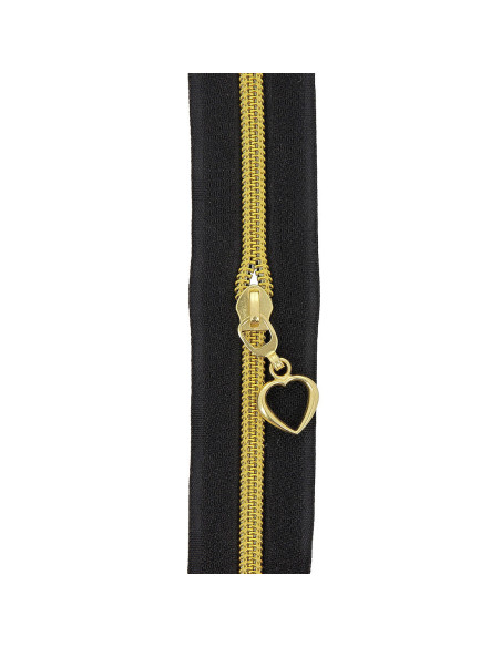5-Meter-Rolle Nylon-Reißverschluss 5 mm mit Herz-Zippern - Schwarz und Gold