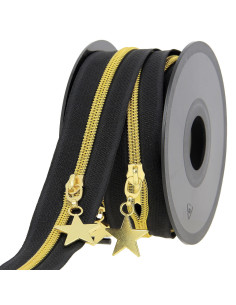 5-Meter-Rolle Nylon-Reißverschluss 5 mm mit Stern-Zippern - Schwarz und Gold