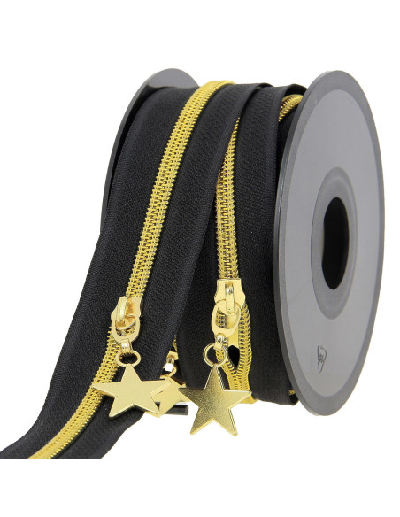 5-Meter-Rolle Nylon-Reißverschluss 5 mm mit Stern-Zippern - Schwarz und Gold