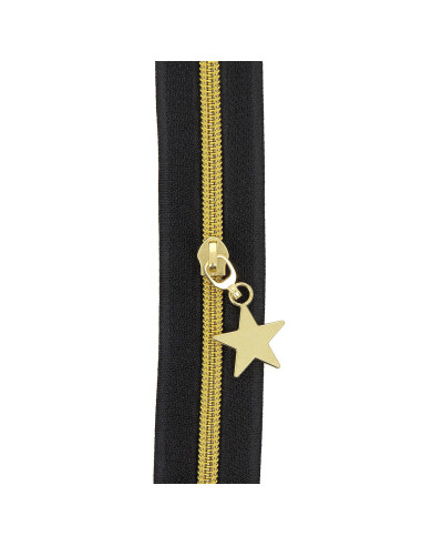 5-Meter-Rolle Nylon-Reißverschluss 5 mm mit Stern-Zippern - Schwarz und Gold