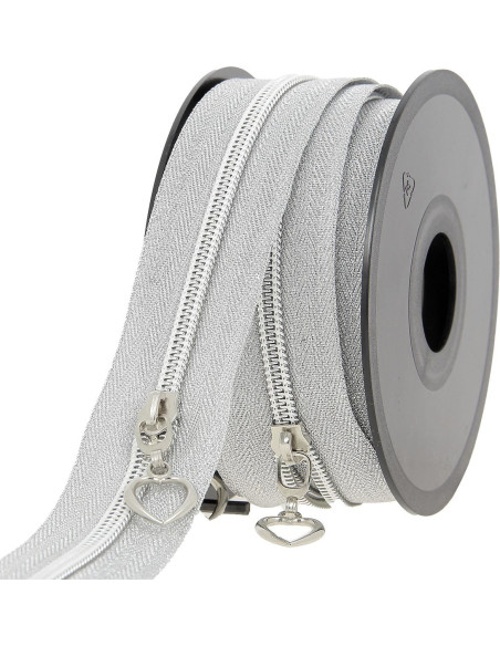 5 Meter Rolle Nylonreißverschluss 5 mm mit Herzanhängern - Silber Lurex
