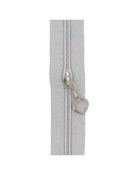 5 Meter Rolle Nylonreißverschluss 5 mm mit Herzanhängern - Silber Lurex