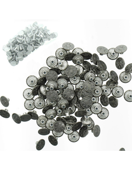 Schachtel mit 100 Jeansknöpfen 17mm - Mattes Silber mit Sternen