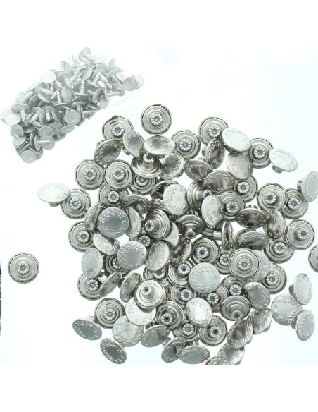 Schachtel mit 100 Jeansknöpfen 17mm - Silber und glänzender Lorbeer mit Sternen