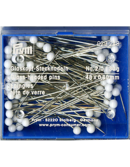 Schachtel mit 30 g extra langen weißen Glaskopfstecknadeln Prym
