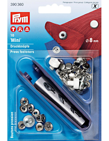 Schachtel mit 10 Anorak-Druckknöpfen in Silber mit Werkzeug 8 mm