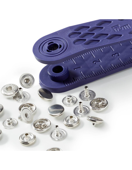 Schachtel mit 10 Anorak-Druckknöpfen in Silber mit Werkzeug 8 mm