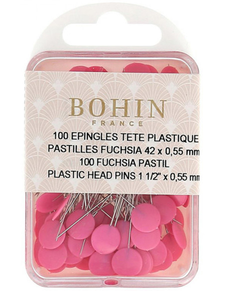 Schachtel mit 100 Stecknadeln mit Kunststoffköpfen, fuchsiafarbene Plättchen, Bohin