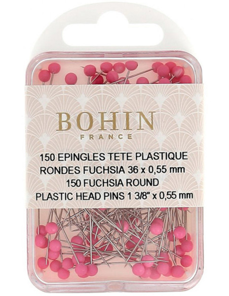 Schachtel mit 150 runden Stecknadeln mit Kunststoffkopf in Fuchsia von Bohin.