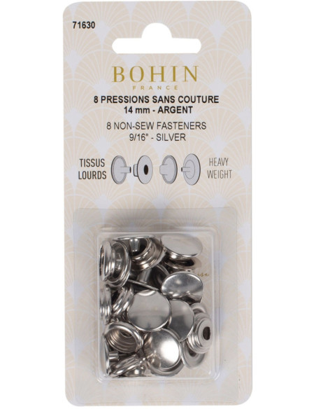 Packung mit 8 nahtlosen Druckknöpfen für schwere Stoffe 14 mm Bohin - Silber