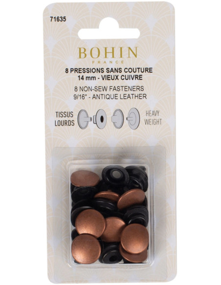 Packung mit 8 nahtlosen Druckknöpfen für schwere Stoffe 14 mm Bohin - Kupfer