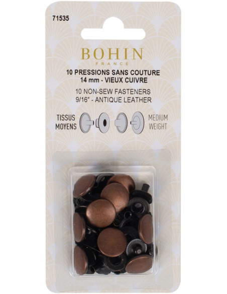 Schachtel mit 10 druckknöpfen ohne naht für mittlere stoffe 14 mm Bohin - Kupfer